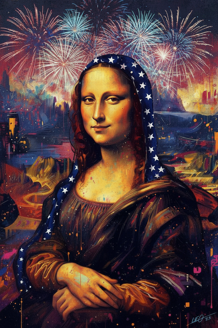 Patriotic Mona Lisa with fireworks digital art print